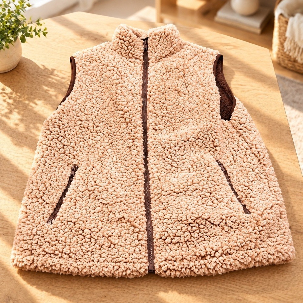 MEROKEETY Womens Sherpa Full Zip Vest Pockets Beige/Brown Size M